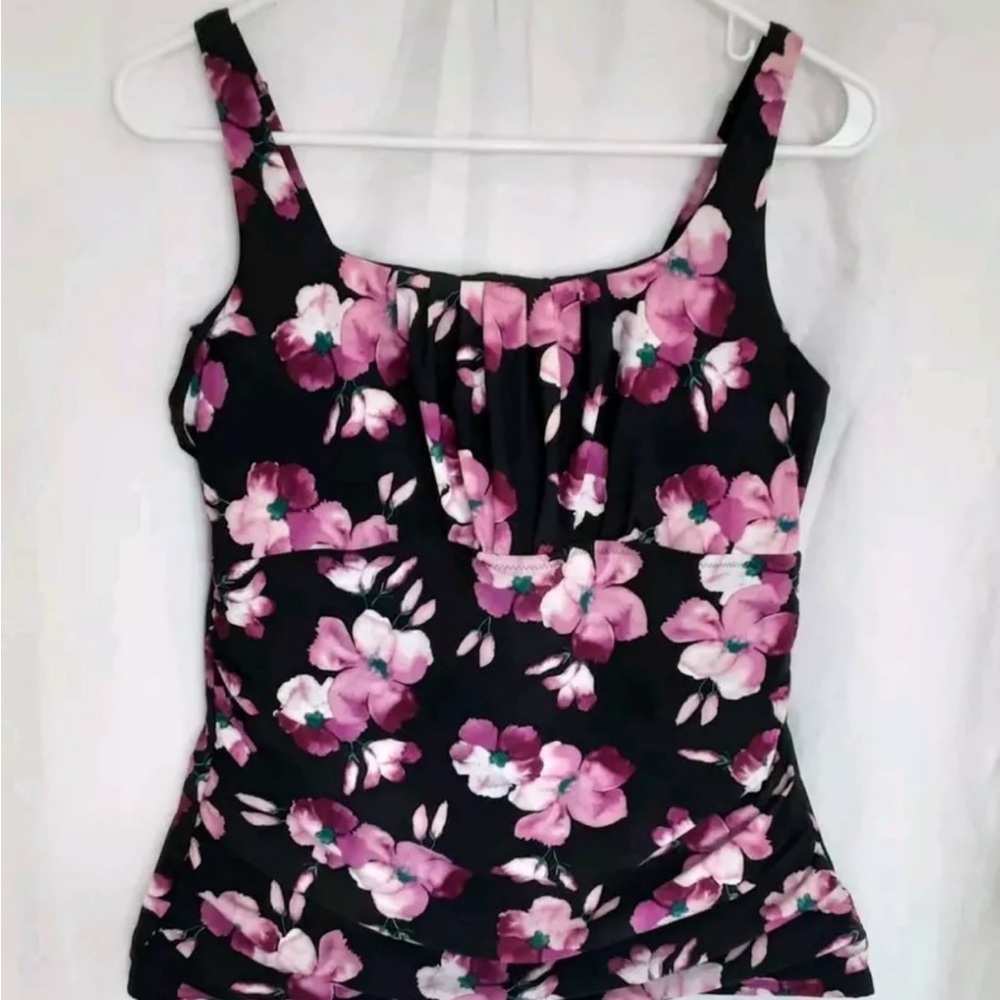 Land's End Swimsuit Tankini Top Women's Size 14, Floral Pink and Black